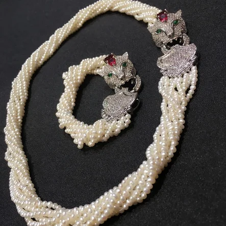

8Row Women's Leopard head clasp DIY accessory white freshwater pearl necklace bracelet set fashion jewelry