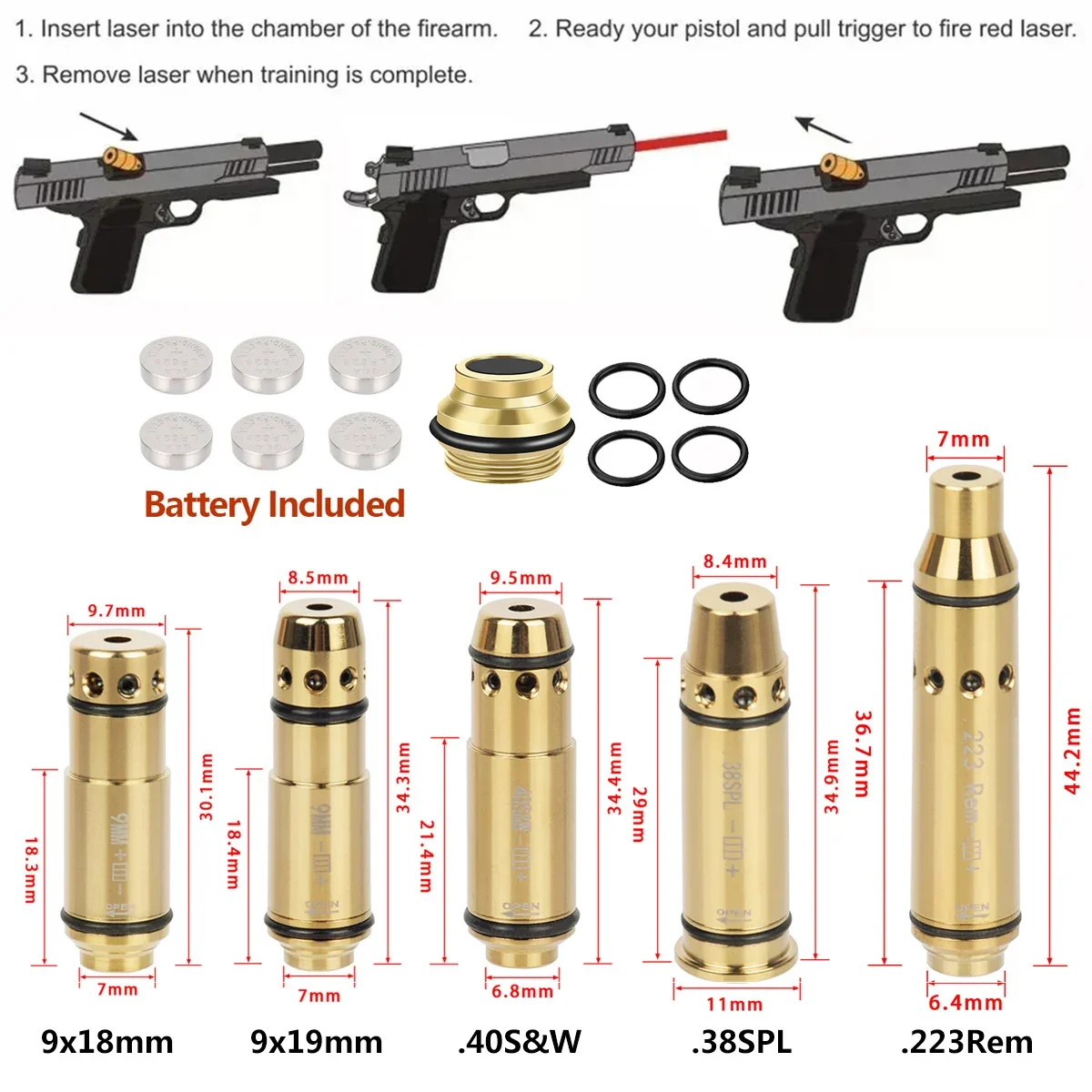 Laser Bore Sight Tactical 9mm Red Dot Laser Training Bore Sight 9x19mm/380ACP/40S&W/223Rem Laser Training Bullet Dry Fire Trainer Cartridge