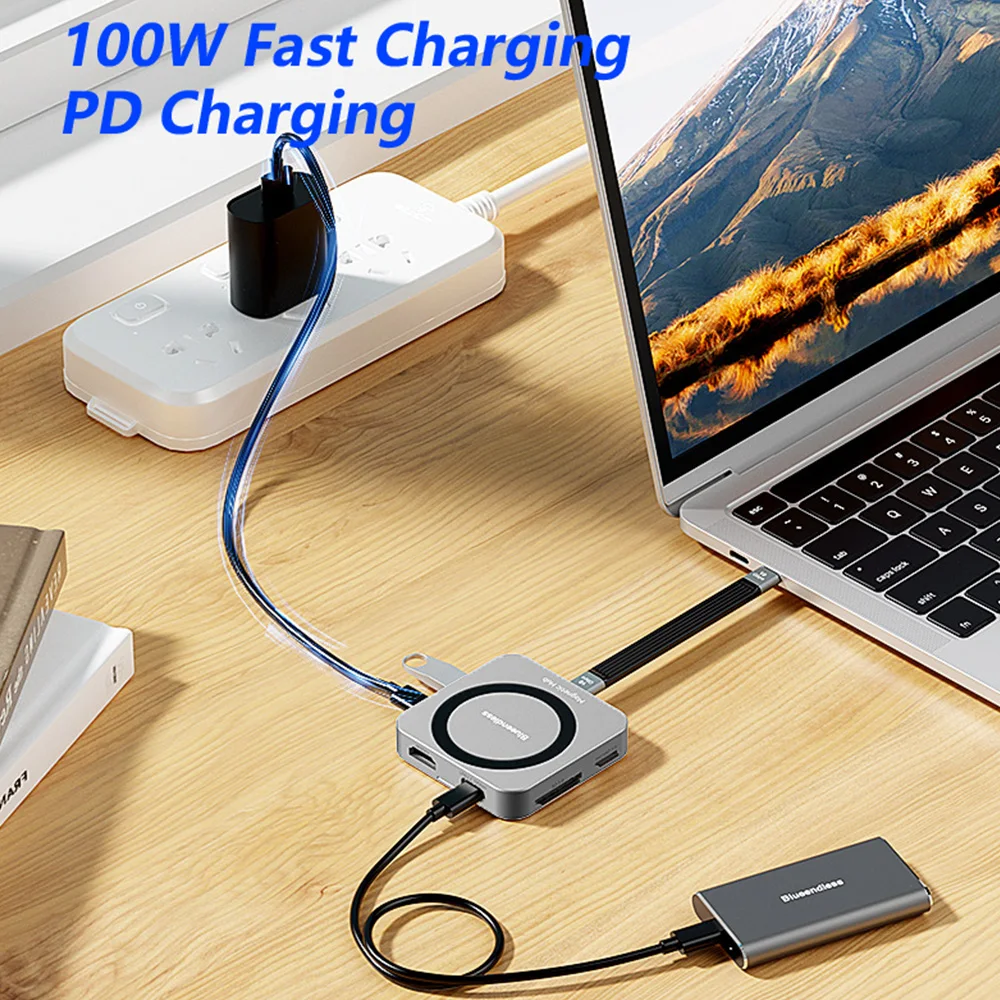 10Gbps M.2 마그네틱 SSD 인클로저 도킹 스테이션 타입-C USB3.2 스플리터 8in1 NVME 카드 리더 4K HDMI 아이폰 17/16/15 Pro용