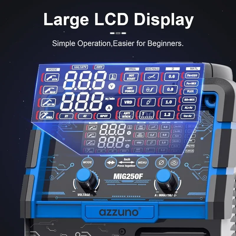 AZZUNO Aluminum 250Amp MIG Welder,6 in 1 Gas MIG/Gasless Flux Core/Stick/Lift TIG/Spot Welding/Spool Gun Compatible 3