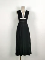 فستان دينم بطيات بلا أكمام للنساء ، رقبة في ، خصر مرتفع ، فساتين أنيقة نسائية ، لؤلؤ ، موضة ، صيف ، جديد ، ، 13DB1534 1