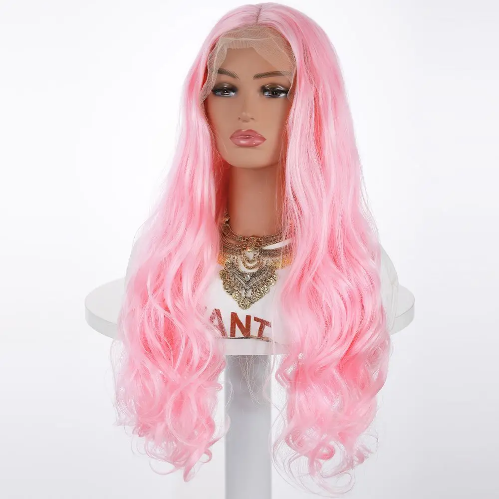 

Girls' lace front, long curly hair, big pink waves Wavy High Temperature Fiber Synthetic Wigs Pelucas Hair Daily Party Use
