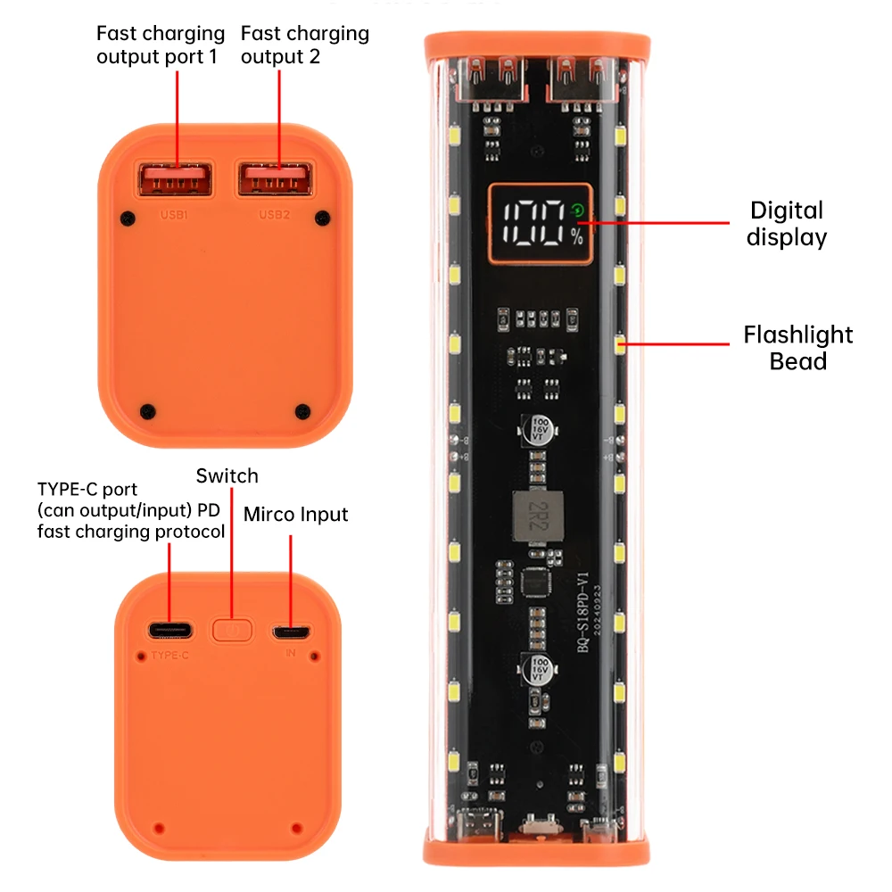 22.5W Mobile Power DIY Case 8PCS 18650 Battery Box With Flashlight
