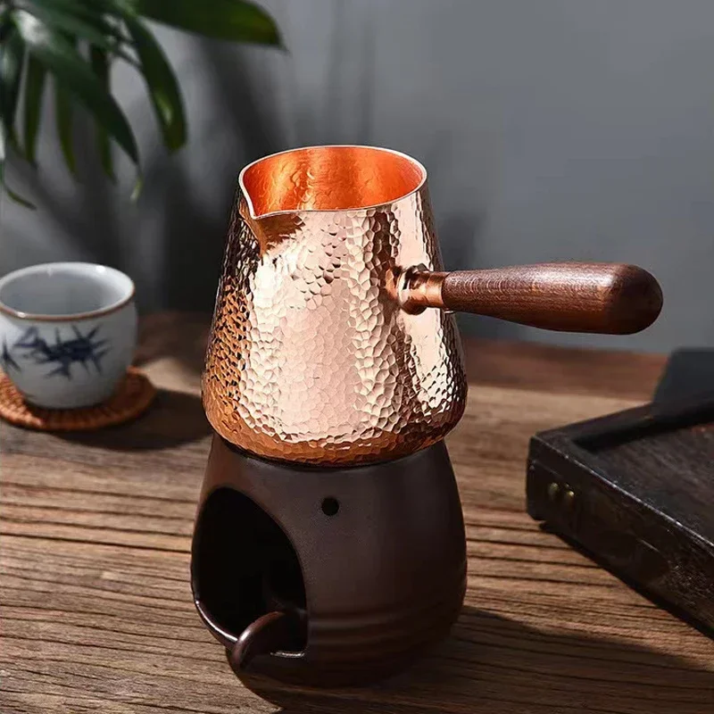 Pure Copper Latte Pitcher Milk Jug Wooden Handle Kettles Hammer Handcraft Drinkware Tableware 500ml