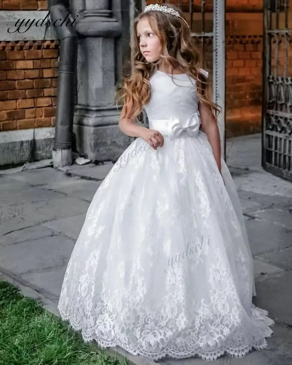 

Elegant White A-Line Flower Girls Dresses For Wedding 2023 Princess Sleeveless Lace Kids Pageant First Communion Gowns With Bow