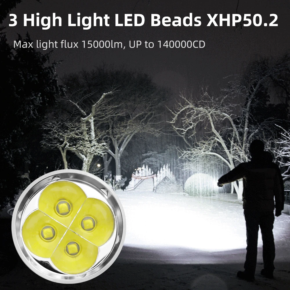Haikelite HK04 sytý baterka 15000LM lanterna 750m dosah type-c USB nabíjení pochodeň 18650 vysoký energie LED flashlights