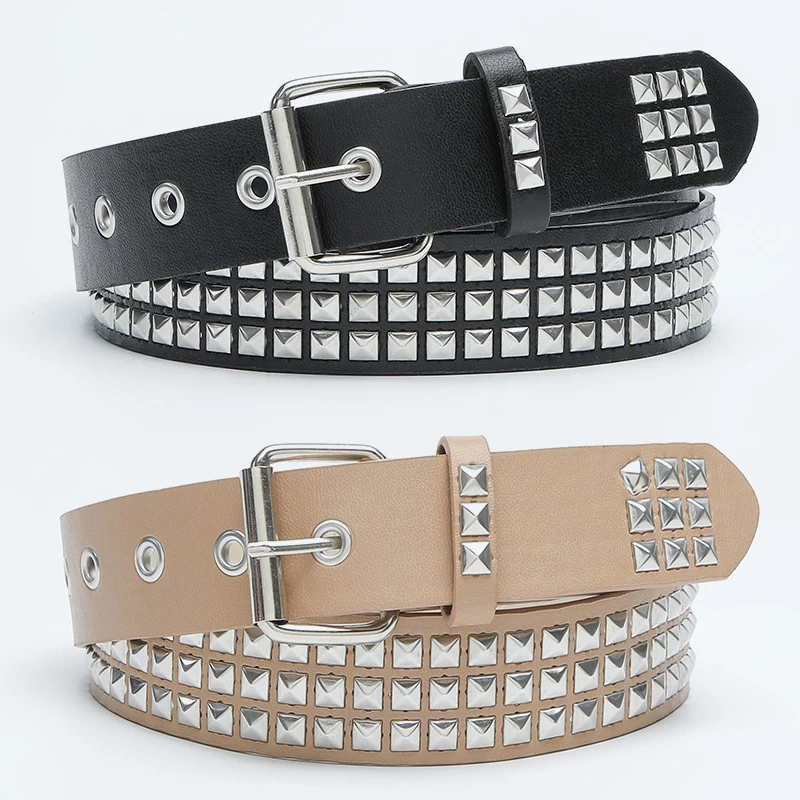 

New PU Leather Rivets Belt Punk Style Waist Belts Waistband Square Silver Rivet Belts Casual Women Men Jeans Belt 105cm 115cm