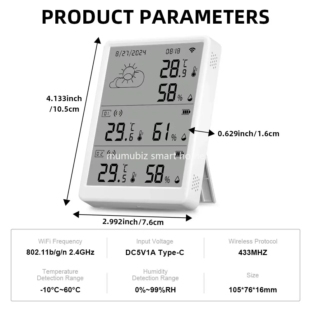 Tuya Smart Digital Indoor/Outdoor Forecast Hygrometer Temperature Sensor with Tuya Big LCD Screen WIFI Weather Station 5