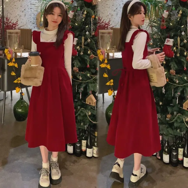 Red Mid Length Camisole Dress Suit For Women's 2023 Autumn Winter New Solid Color Half High Collar Bottom Sweater Two-piece Set