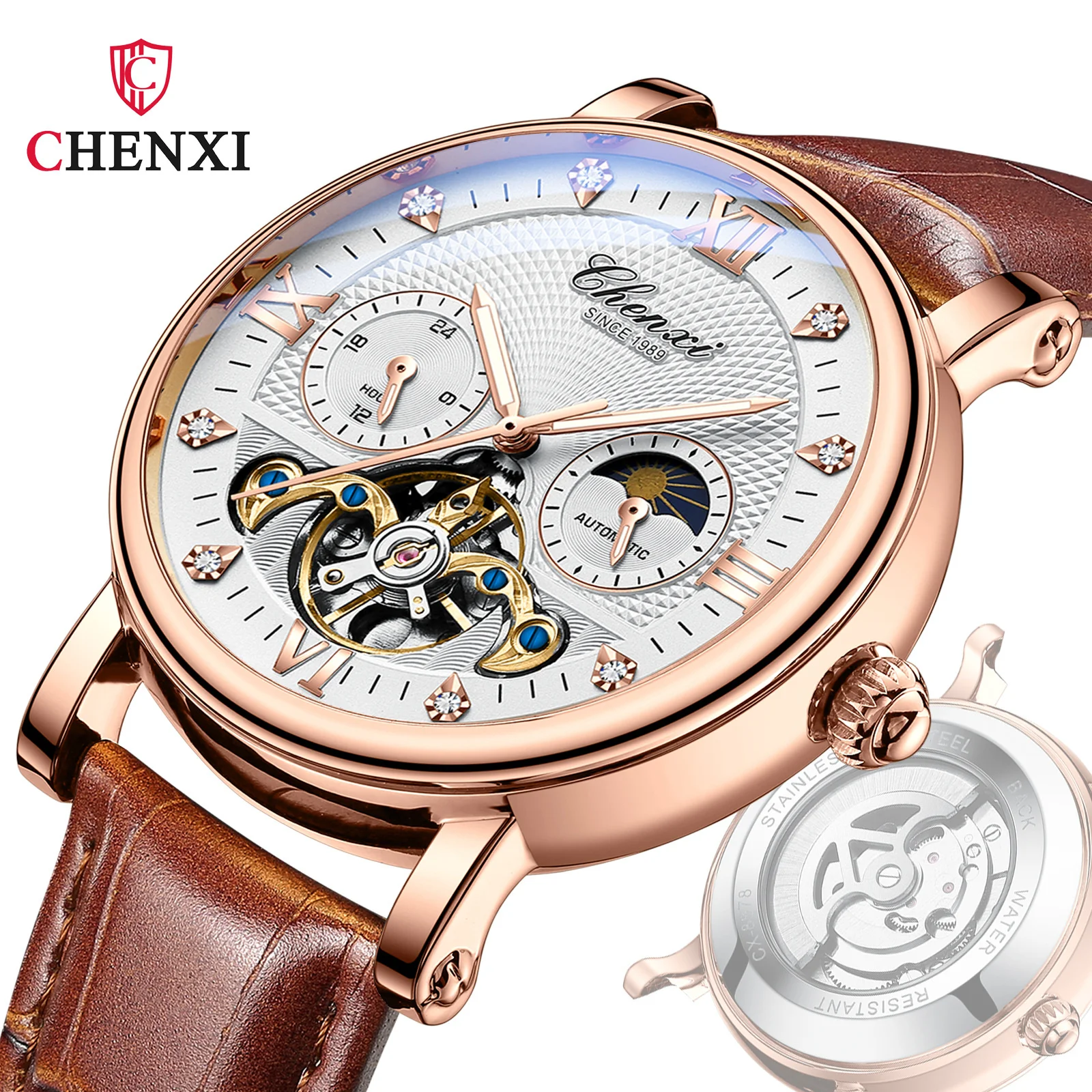 

CHENXI 8876 Cool Full-automatic Mechanical Sun Moon Star Big Flywheel Waterproof Belt Live Men's Watch Leather Zegarki Men
