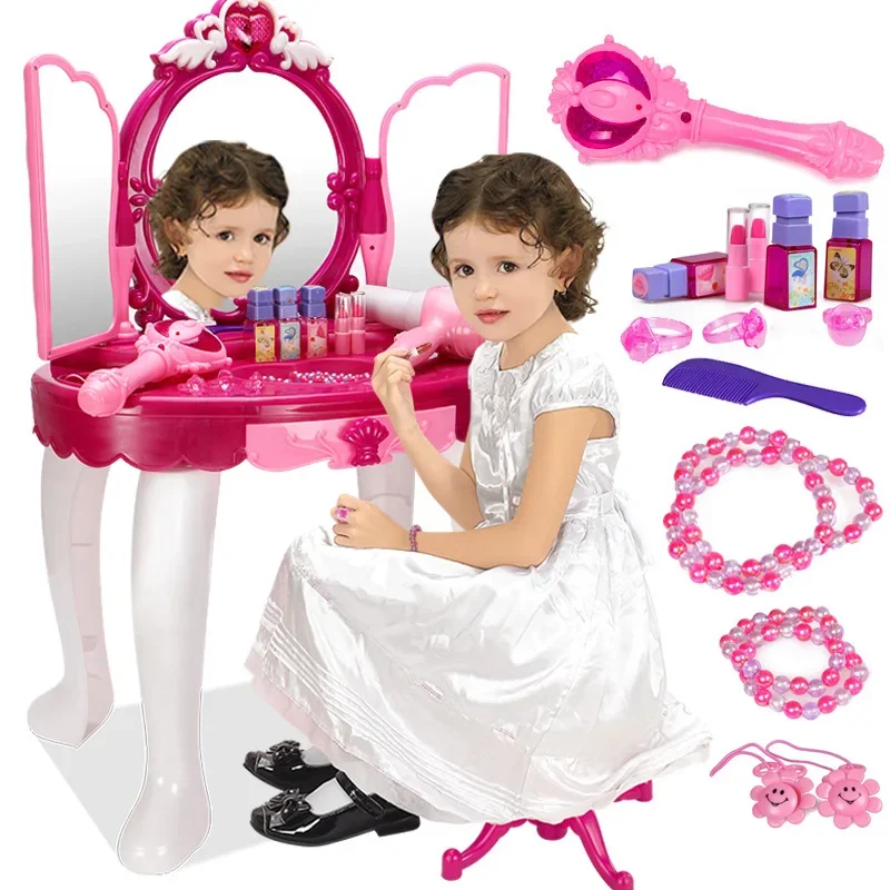 High Quality LED Lights music Kids Cosmetics Dressing table lipstick nail comb hair dryer Play house Interactive Toy baby gift