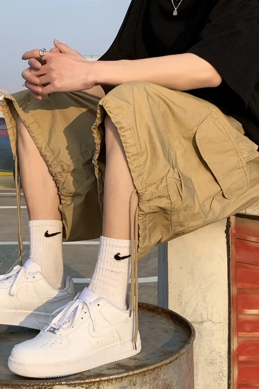 Men City Boy Multi Pockets Cargo Shorts Half Knee Length Drawstring Shorts Ulzzang Khaki Loose Dance High Street Hip Hop Shorts