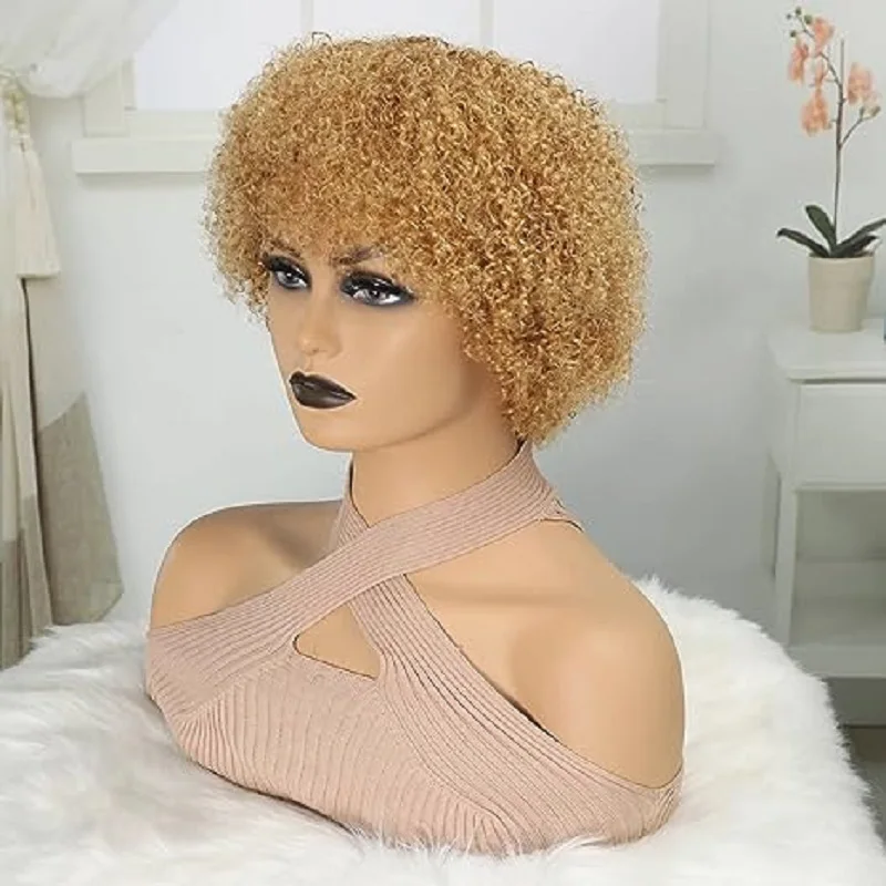 Parrucca Corta Afro Crespo Riccia #27 Per Donna 100% Parrucche Per Capelli Umani 180% Densità Pixie Curl Parrucca Afro Parrucche Ricci Afro Crespi