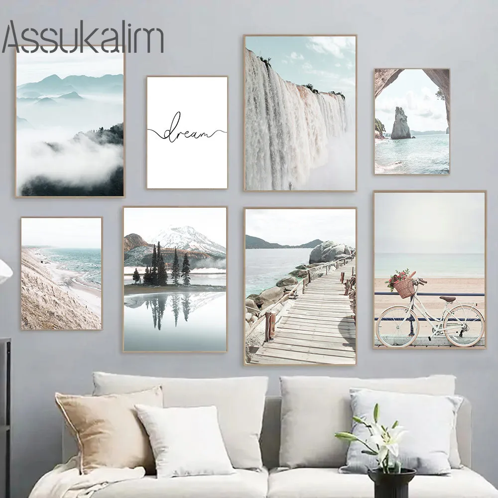 Bridge Canvas Painting Sea Beach Print Pictures Boat Painting Poster Mountain Fog Wall Art Poster Nordici Decorazione Del Soggiorno