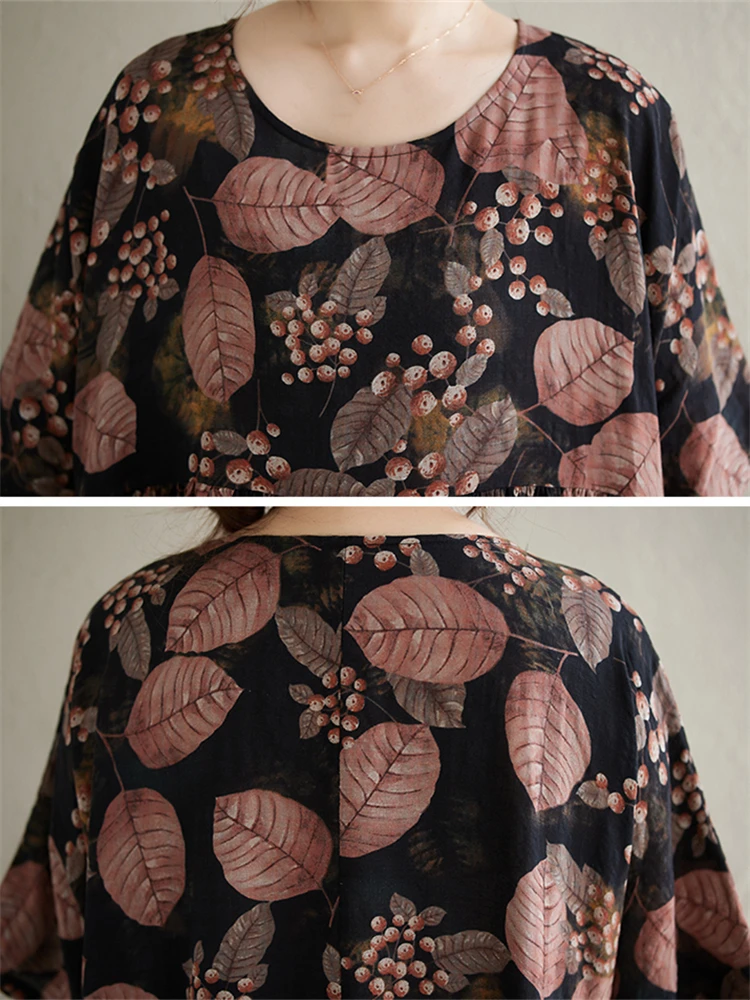 2025 New Summer Cotton Vintage Casual Loose Print Dresses For Women Short Sleeve Dress Femme Robe Vestidos Elegant Long Clothing