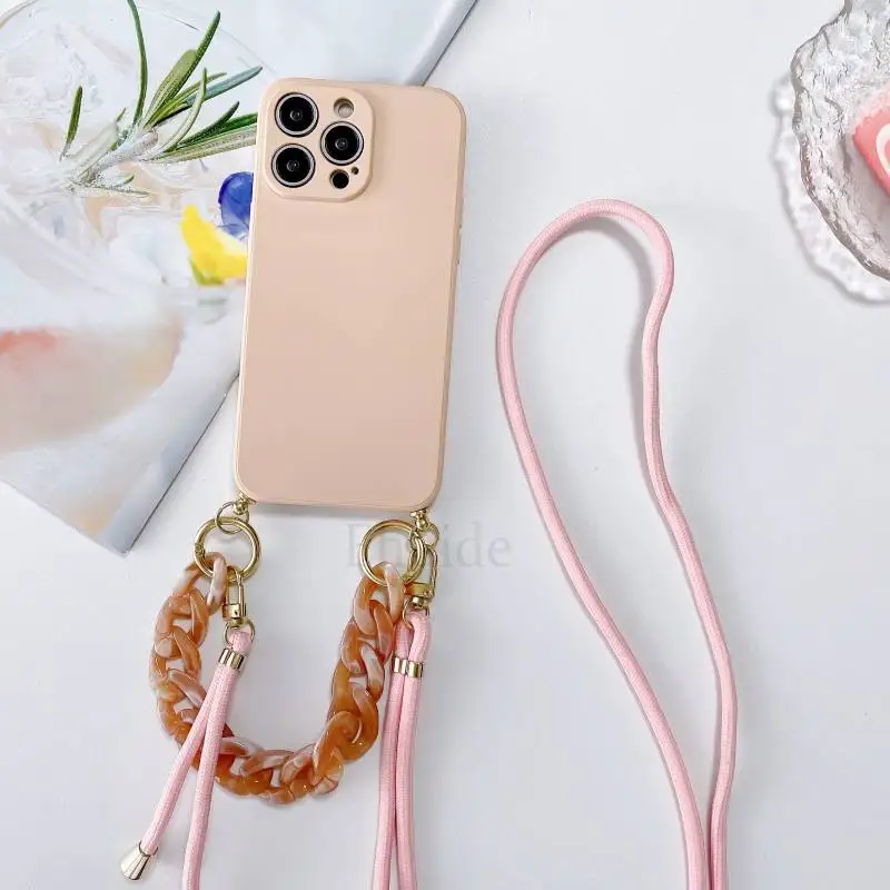 Elegant Marble Agate Chain Crossbody Phone Case with Liquid Silicone Finish