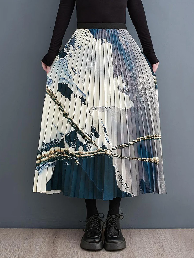 

Pleated High Waist Vintage Print Skirt Women New Plus Size Loose Casual Midi Skirts Fashion Elegant Clothing Spring Autumn 2023