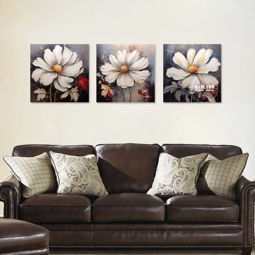 

Wall Frameless Art Crafts 3PCS Flowers Beautiful Painted Canvas Design Picture White Acrylic Plant Handmade Abstract Artwork