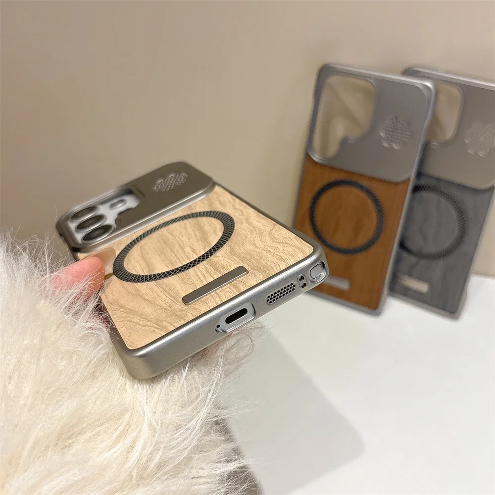 Wood Grain Leather Frameless Magnetic Phone Case with Plating Cover