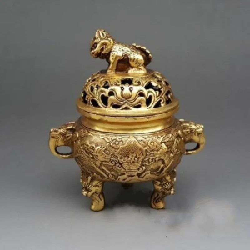 

Chinese Pure Brass Exquisite Carved KIRIN KIRIN Beast Handle Incense Burner bh815