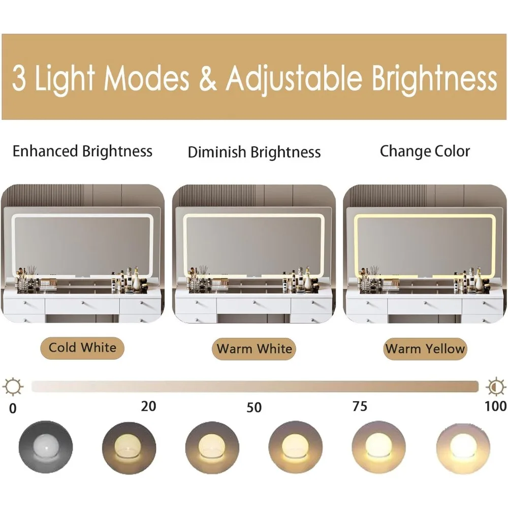 Makeup Vanity Desk with Mirror - 46 INCH Glass Tabletop Vanity Table with Lights, Drawers, Power Outlet, Large Storage Desk