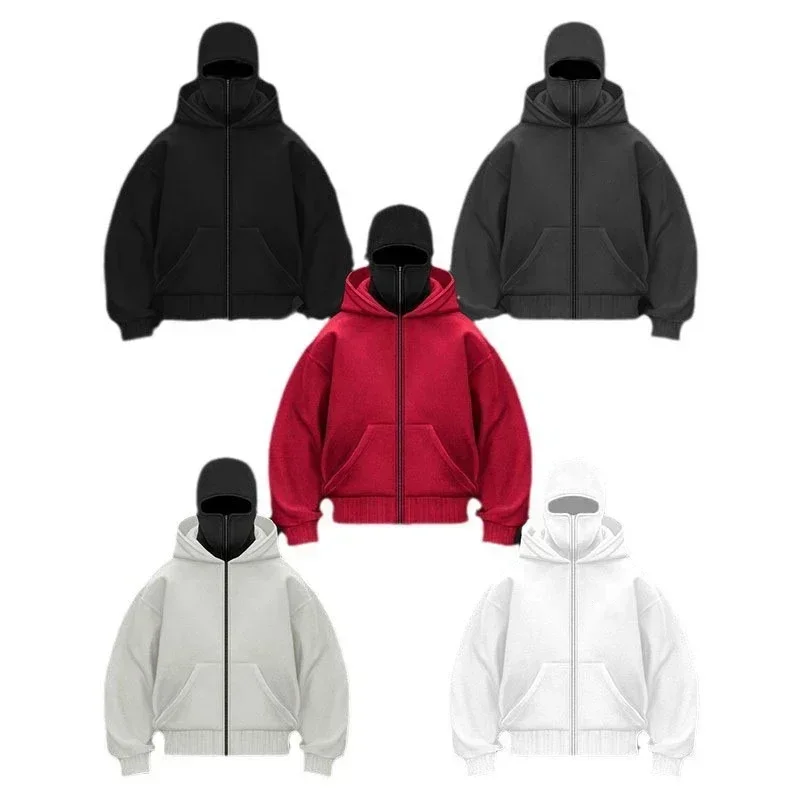 Balaclava Men Zip Hoodie Winter Warm Casual Sweatshirt Y2K with Hooded Face Mask Zipper Design Sports Jacket Outdoor Activities 2