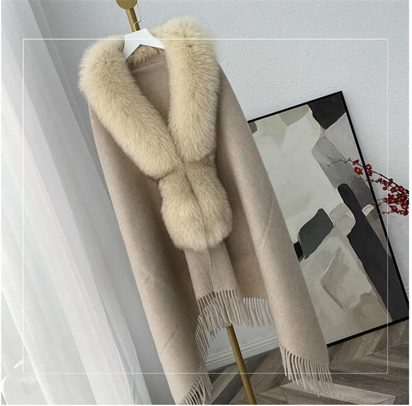 Neue Winter Mode Frauen Wolle Ponchos Mantel mit Echt Fox Pelz Trim Weibliche Mäntel Warme Schal Schal Wraps – Detail 19
