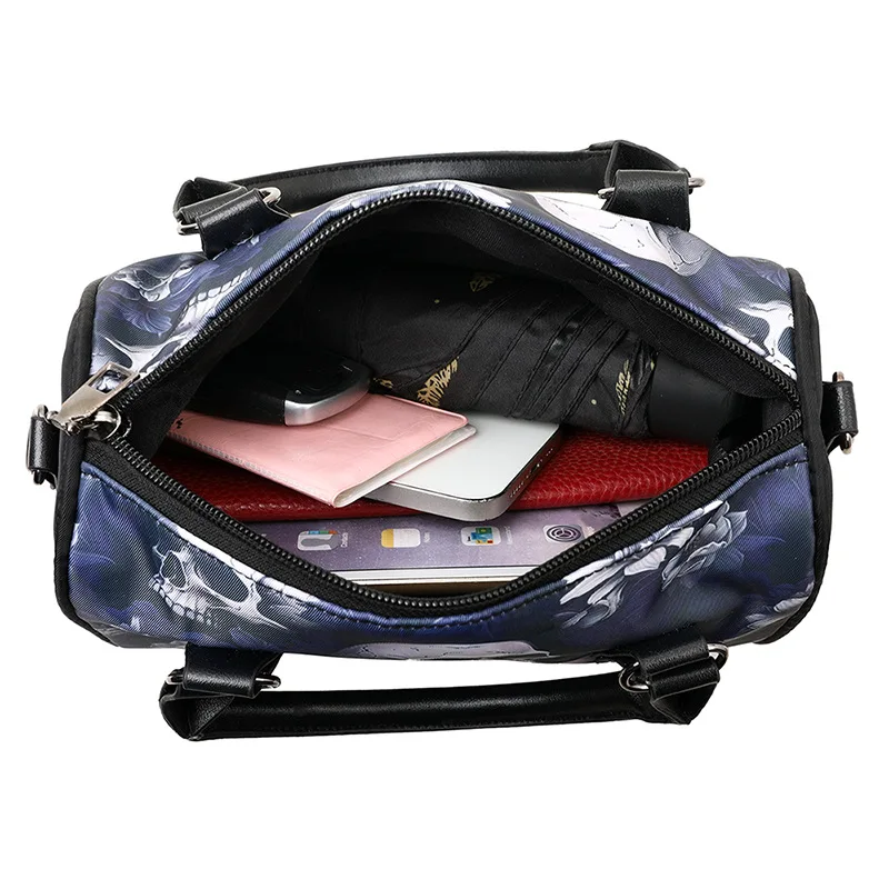 Skull Printed Boston Shoulder Bag Adjustable Strap Women Punk Crossbody Bag Oxford Hobo Bag for Party Festival Shopping