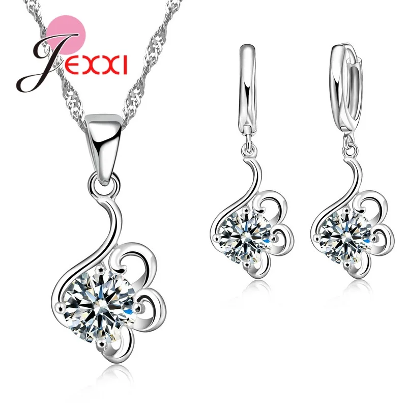 925 Sterling Silver Jewelry Set Crystal Rhinestone Flower Pendant Necklace Earring Sets