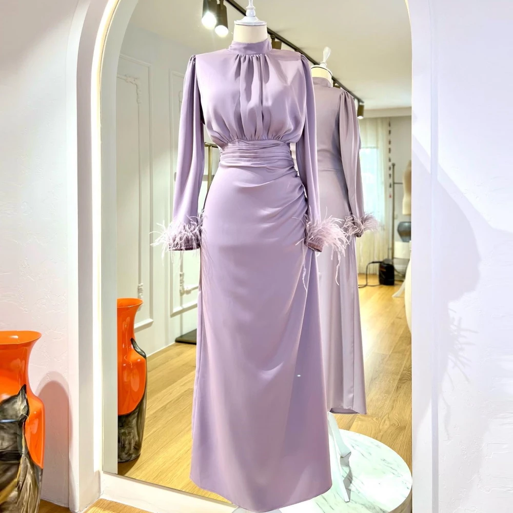 

Carolina High Neck Long Sleeves Evening Dresses Women Saudi Arabia Satin Feathers Wedding Guest Elegant Formal Party Gowns
