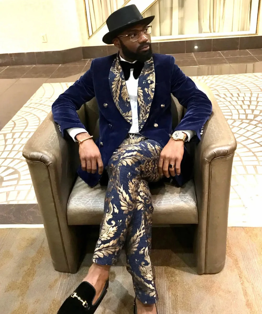 Men Double Breasted Suits Wedding Navy Blue Floral Groom Tuxedo Velvet Blazer with Pants Formal Shawl Lapel Party Wear
