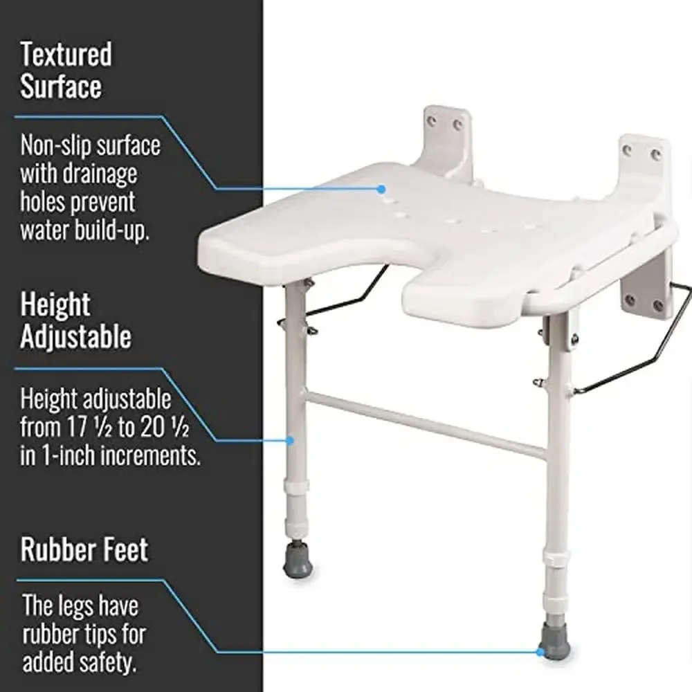 Foldable Shower Chair Bench Wall Mount Space Saving Seat 16x16 Inches White Adjustable Legs FSA HSA Eligible Aluminum 250lb 3