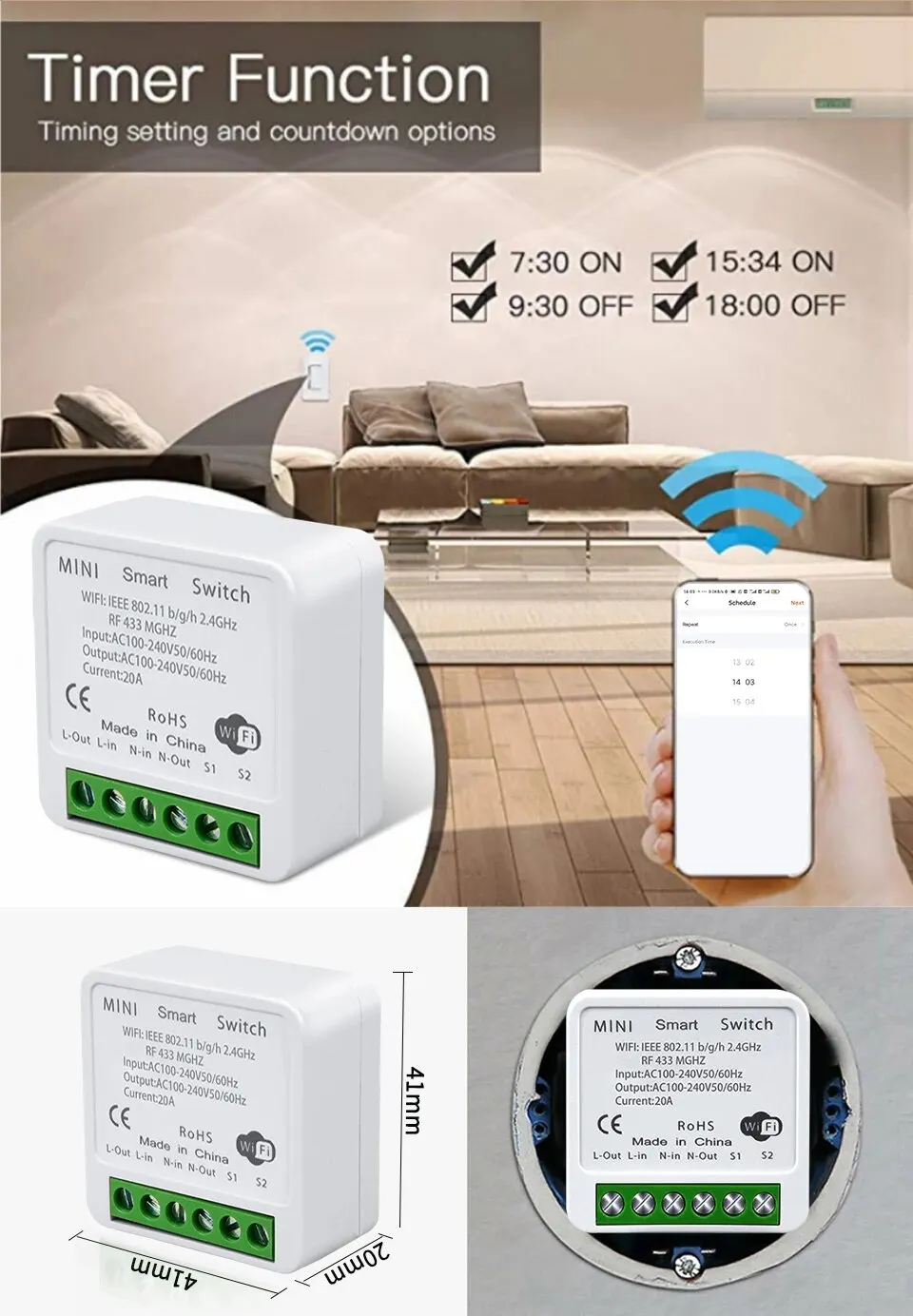 Description Picture 3 of item16A/20A Mini Tuya Smart Wifi Switch DIY Module 2-Way Control 433MHz Wireless Switch Smart Life APP Works With Alexa Google Home