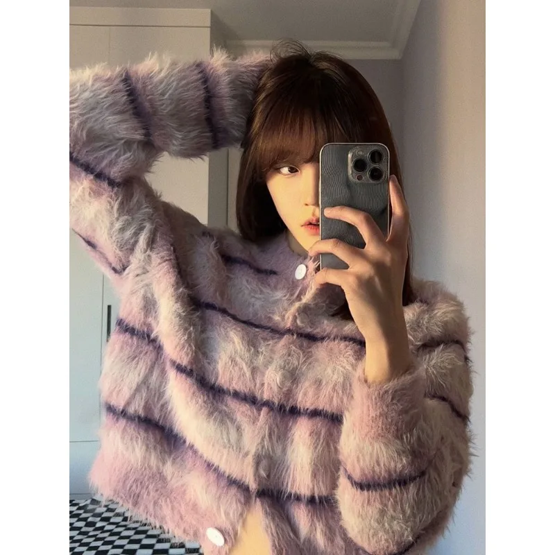 

Stripe Gradient Long Hair Imitation Mink Hair Short Sweater Korean Sweater Sweater Sweater Sweater Sweater Top Female