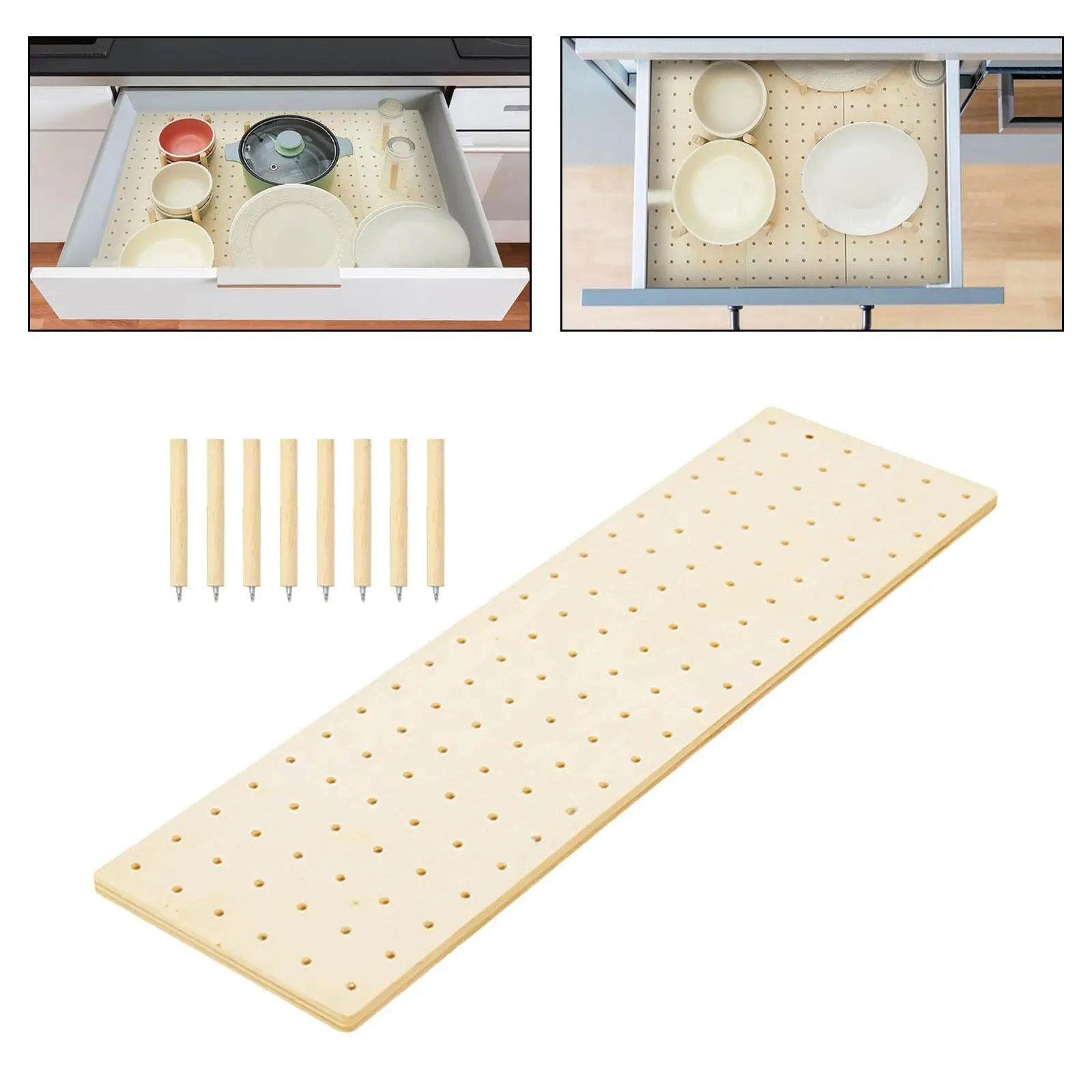 Wood Pegboard Drawer Organizer Plate Holder Sturdy Organization Kitchen Drawer Plate Organizer for Bowls Pot Dishes Tableware