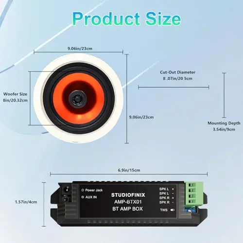 STUDIOFINIX 8인치 블루투스 천장 스피커 시스템 2채널 앰프 400W 최대 출력 선명한 사운드 거실 사무실 주방용