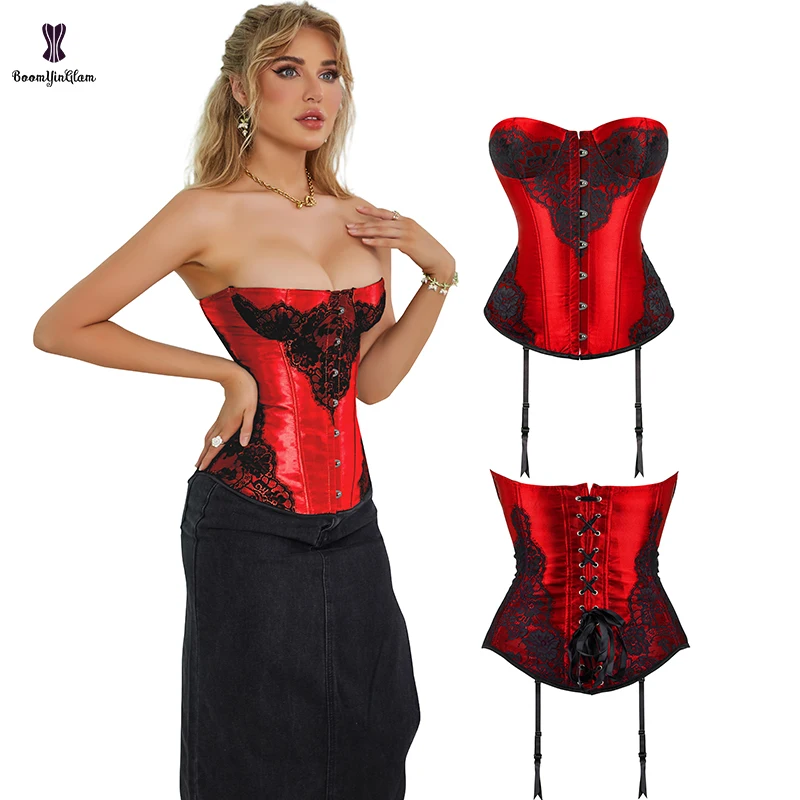 Lace Applique Corset Sexy Satin Overbust Bustier Plastic Boned Cupless Custome Women Fantasy Court Brocade Gothic Gorset Casual