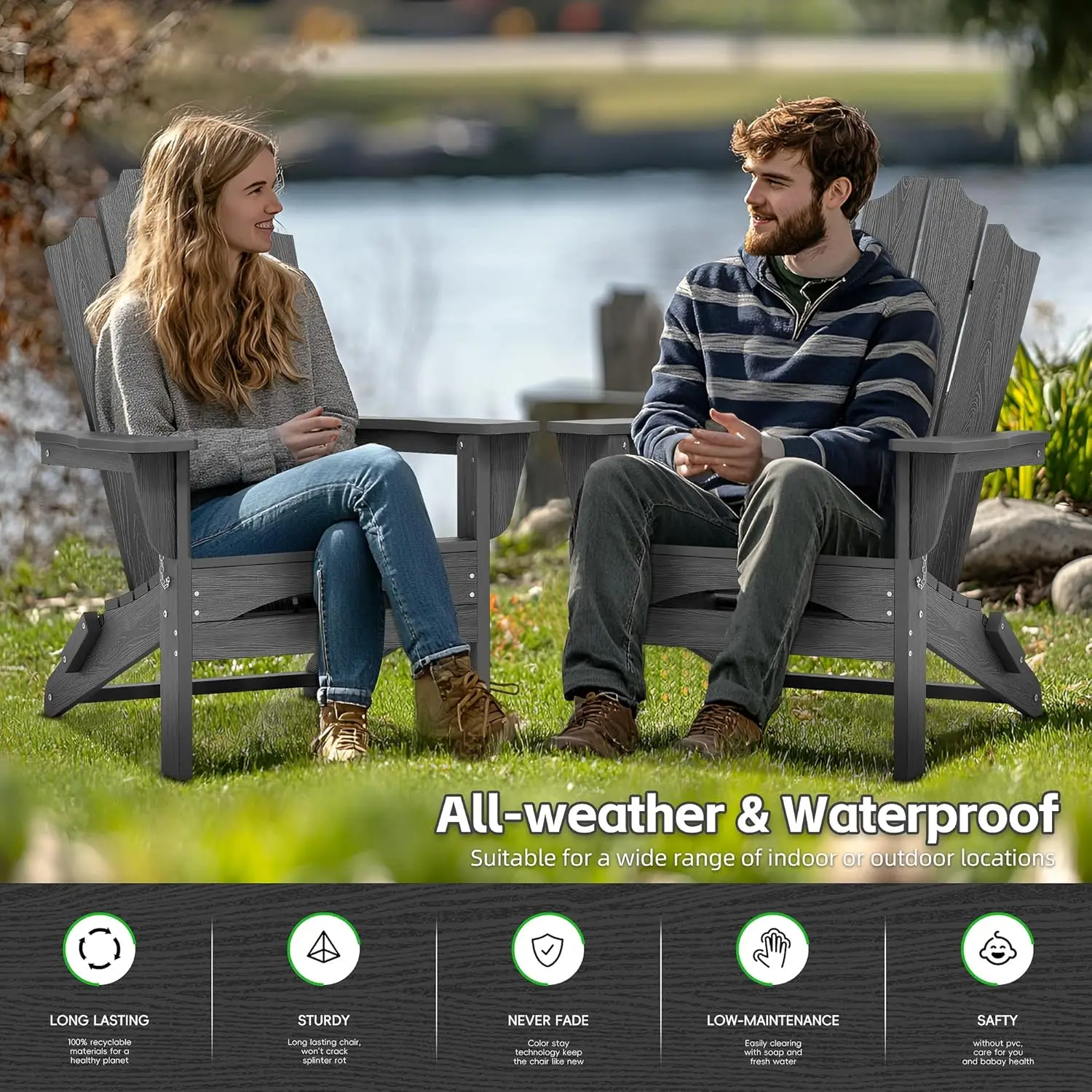 Outdoor Folding Adirondack Chair. HDPE. All-Weather. Stackable. For Porch, Backyard, Lawn. Gray.