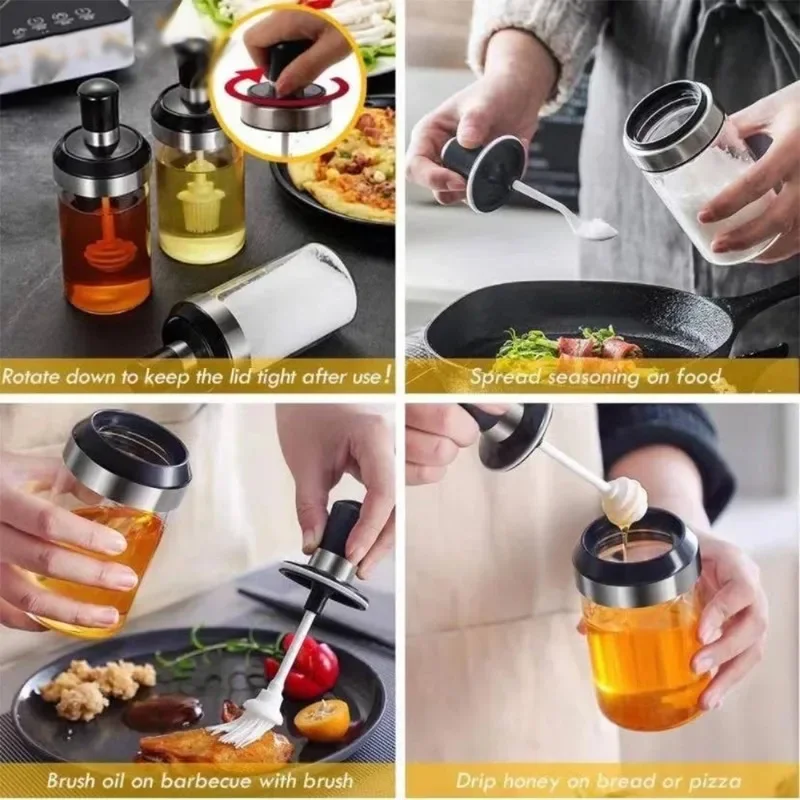 Spice Jar Spoon Cap Sealed Seasoning Bottle Glass Seasoning Bottle Container Salt Sugar Pepper Oliver Oil Storage Kitchen Tool