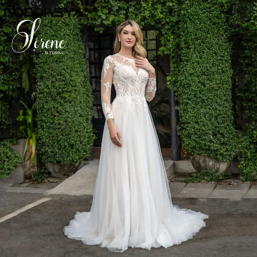 Sirene Garden Scoop Neck Boho Pastoral Wedding Dress Long Sleeve Illusion Back Lace Applique Bride Gown A-Line  Vestido de Novia
