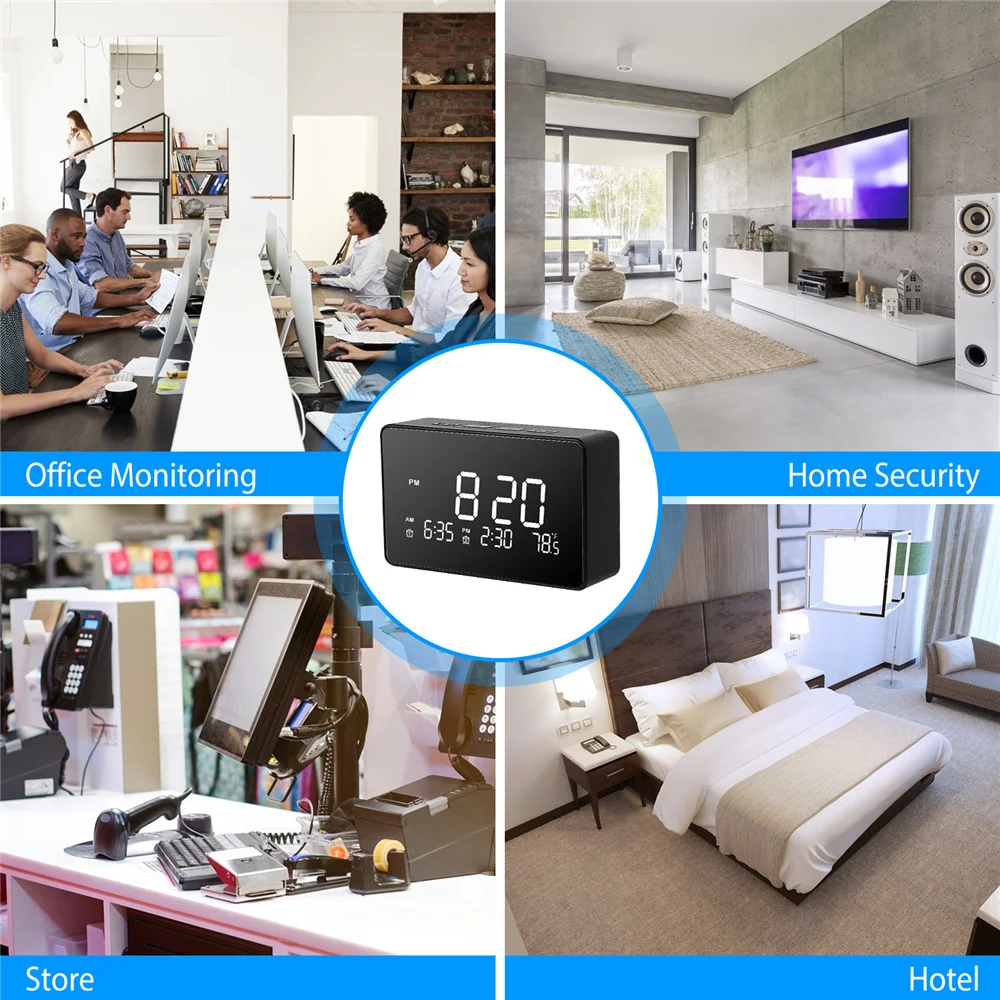 Collage of four settings: office with monitoring screens, modern home living room, retail store with POS systems, and a hotel room, centering an image of a SpyCam Clock.