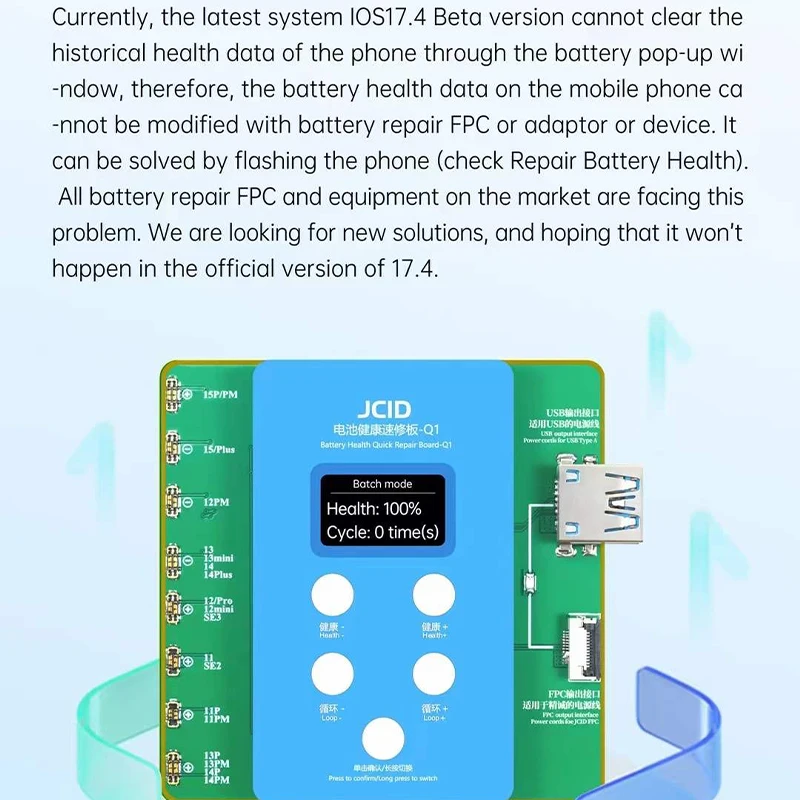 JC JCID Q1 Programmer Battery Health Quick Repair Board for Increase iPhone 11-15 Battery Health 100% Solve Window Pop-up Issue
