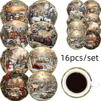 16 sets of wooden heat-insulating and anti slip beverage coasters for Christmas, heat-resistant beverage mats for home and resta 1