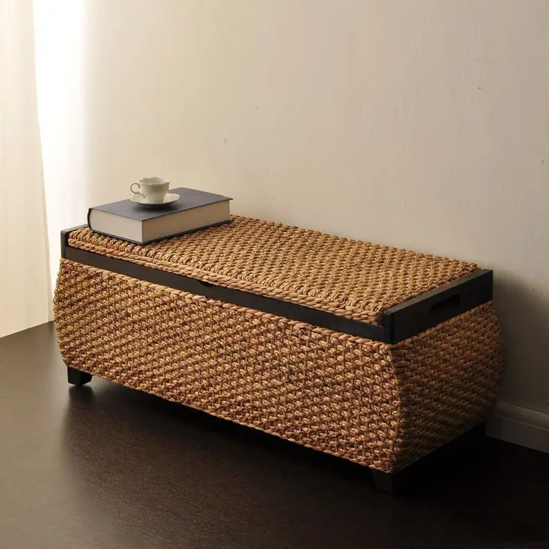

Double straw rattan storage shoe stool leisure footrest