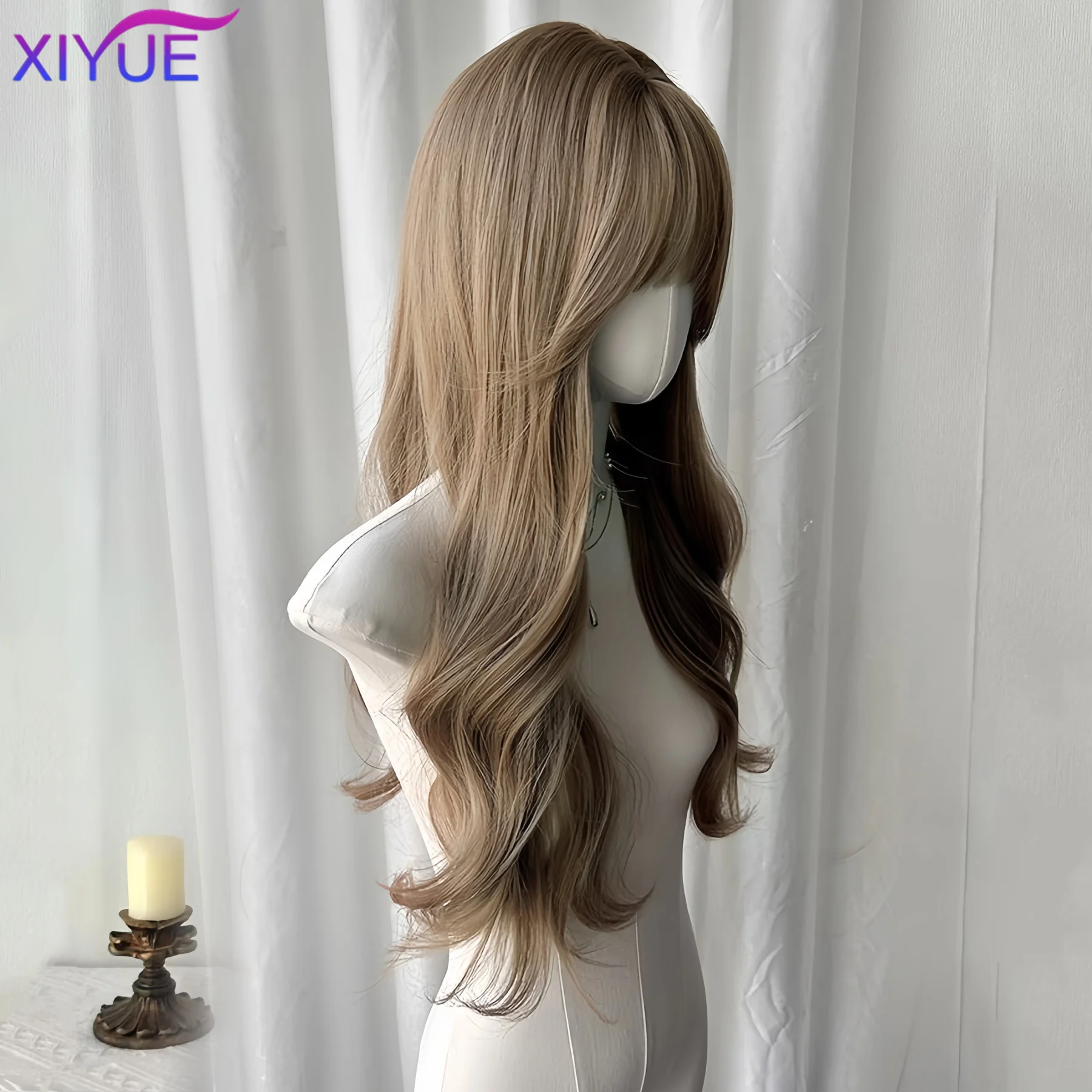 XIYUE Curly Long Wavy Black Blonde Highlights Synthetic Hybrid Wig With Fluffy Bangs Suitable For Women Daily Use