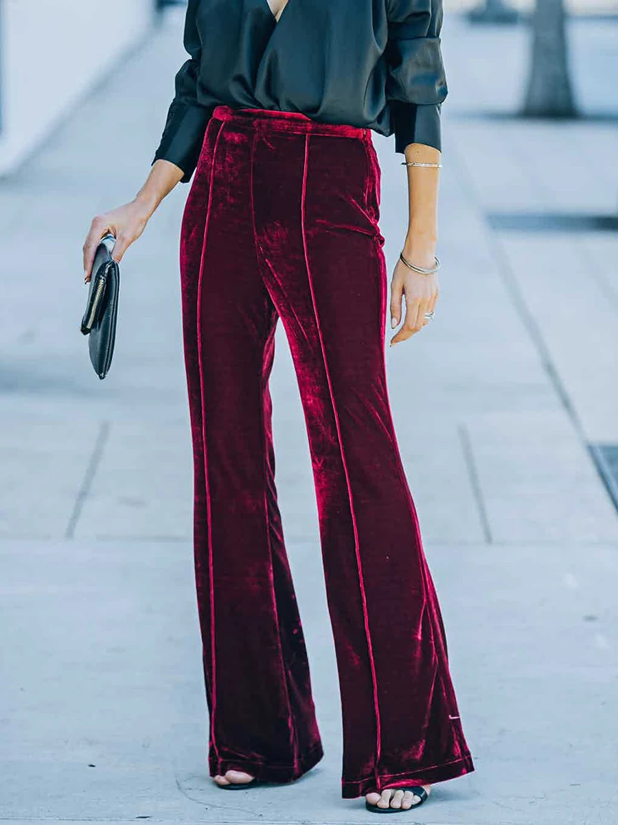 

Elegant Women's Velvet Flared Pants Solid Color Casual Stretch High Waist Bootcut Trousers High Streetwear Autumn Outfits