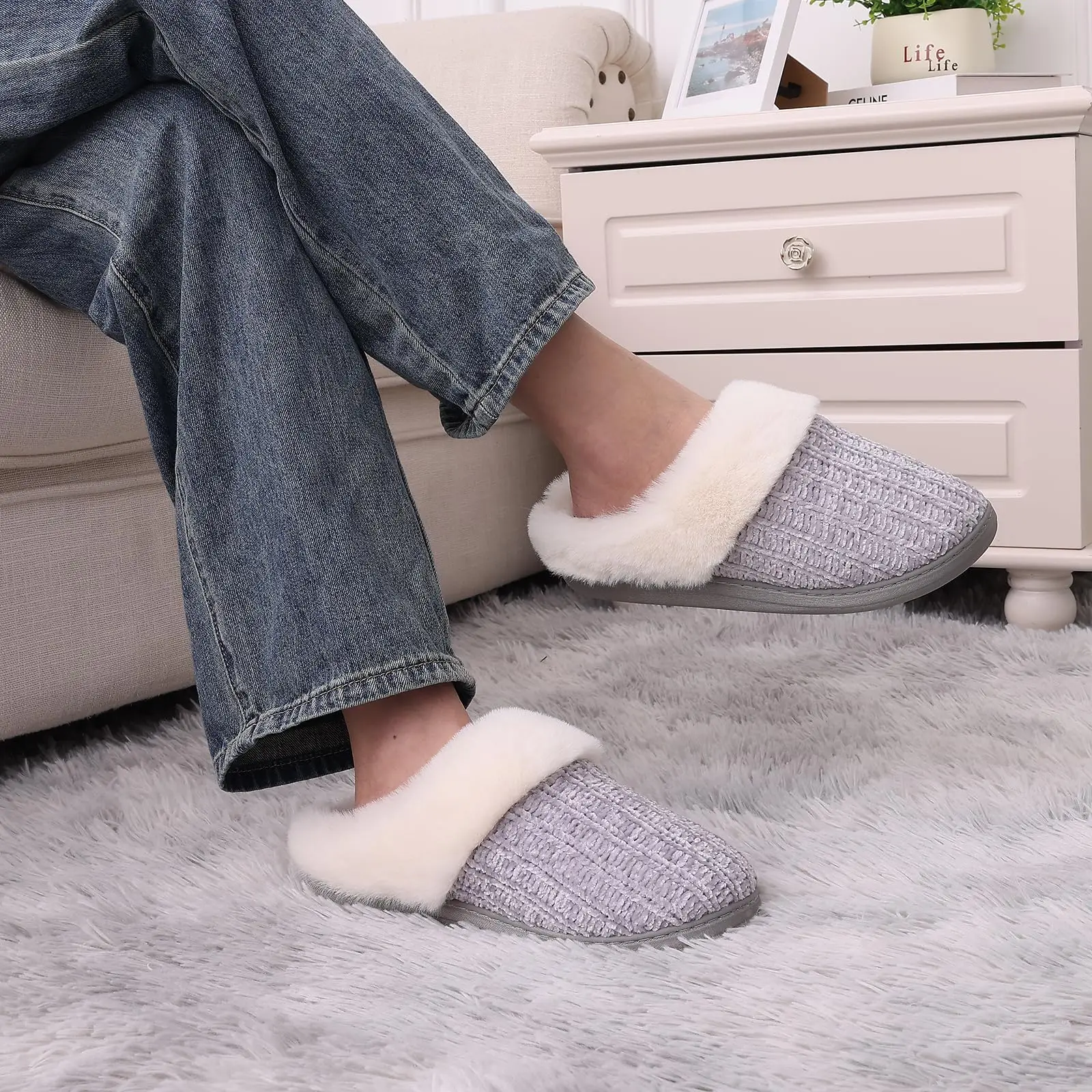 Comwarm Winter Knit Fur Slippers For Women Fleece Lined Plush Slippers With Memory Foam Soft Comfort Warm House Fuzzy Slides 3