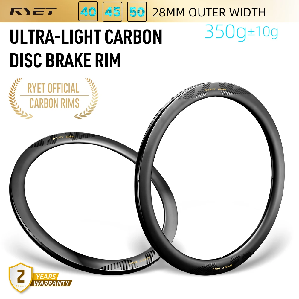 Ryet Disc Brake Road Rims 700c 28mm 40/45/50mm Ultralight Carbon Bicycle Hoops Tubeless Ready Rims 24H Bike wheels Cycling Part