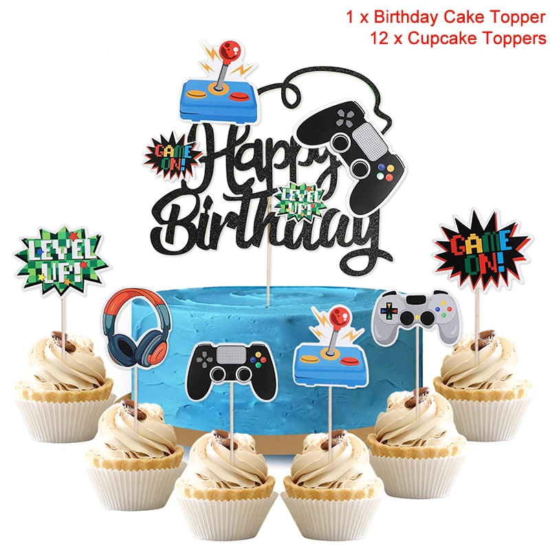 13Pcs/set Video Game Cake Toppers Game On Controllers Cupcake Picks Kids Boy Girl Happy Birthday Party Cake Decoration Supplies