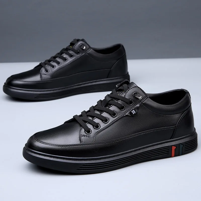 New Shoes for Men Genuine Leather Casual Shoes Spring Autumn Cool Black Flat Skateboard Shoes Youth Fashion Slip-on Sneakers 5